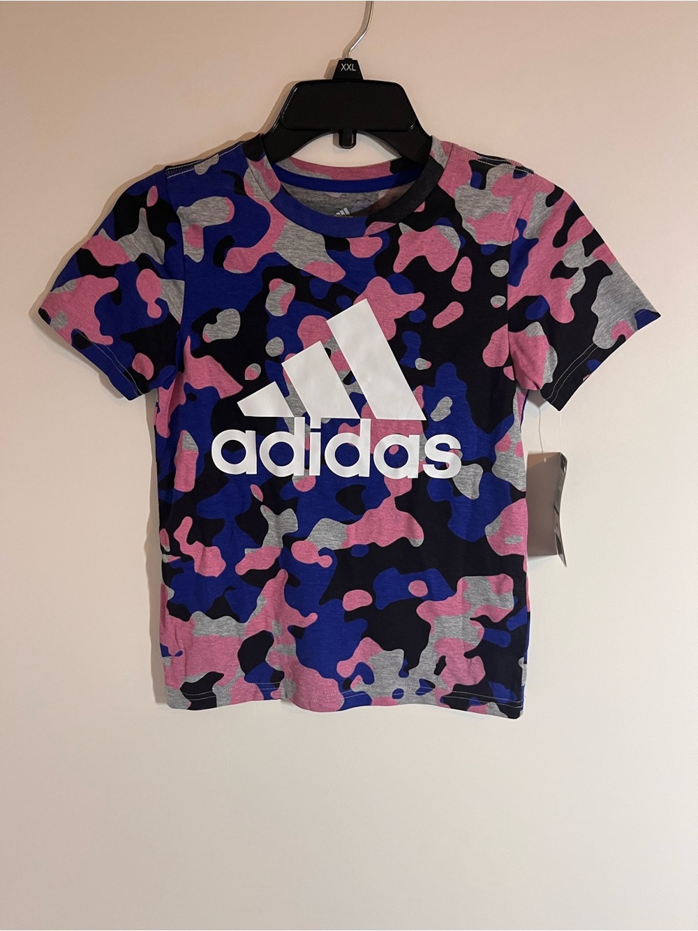 adidas Kids Blue Pink Gray Camo Logo Tee